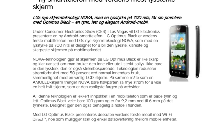 LG presenterer Optimus Black  – ny smarttelefon med verdens mest lyssterke skjerm