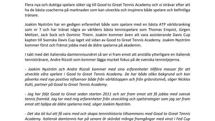 Good to Great Tennis Academy utvecklas – och välkomnar två nya stjärncoacher