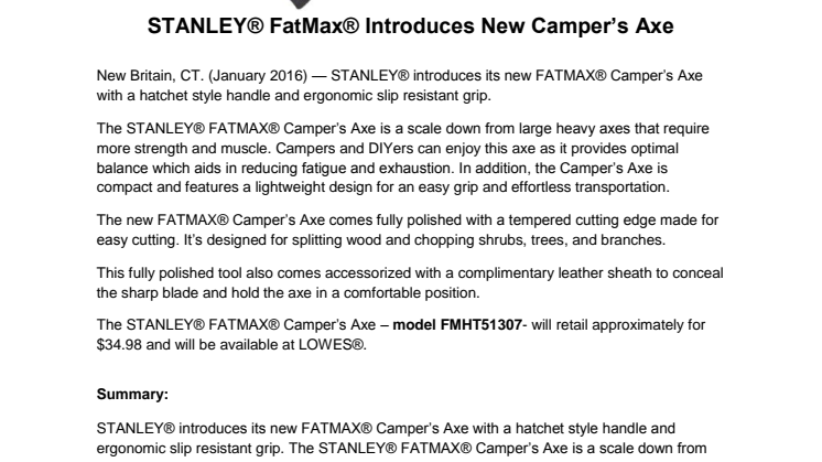 STANLEY® FatMax® Introduces New Camper’s Axe
