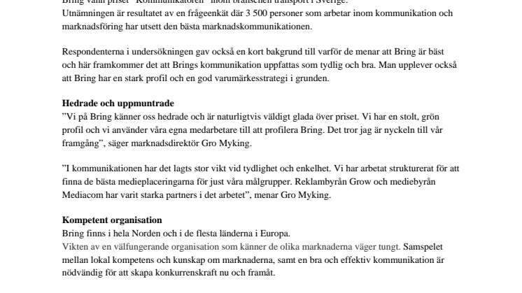 "Bring är bäst på kommunikation i Sverige"