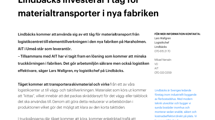 Lindbäcks investerar i ett tåg för materialtransporter i nya fabriken
