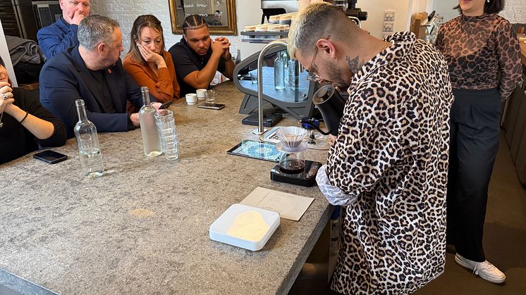 Top London Barista Douglas Conde demonstrates the art of making the perfect cup of coffee with the help of Bluewater at the acclaimed Day Trip artisan coffee shop in Islington.