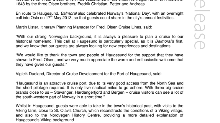 Fred. Olsen Cruise Lines’ Balmoral makes maiden call  at Haugesund, Norway