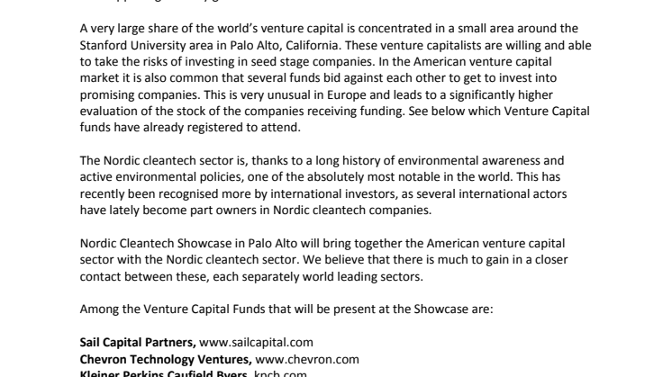 Nordic Cleantech companies to pitch for US investors in Palo Alto, California