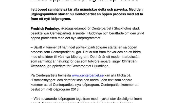 Centerpartiet startar världens mest öppna idéprogramsprocess