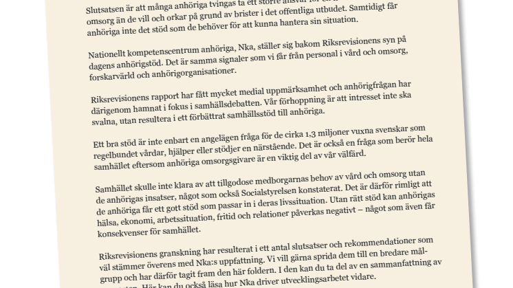 Sammanfattning av Riksrevisionens rapport om stöd till anhöriga