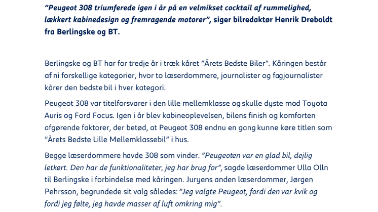 Peugeot 308 er kåret som ”Årets Bedste Lille Mellemklassebil”