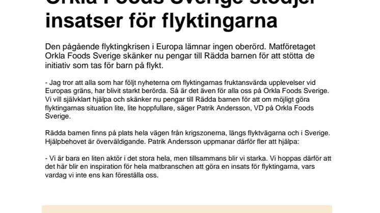 Orkla Foods Sverige stödjer insatser för flyktingar i Europa