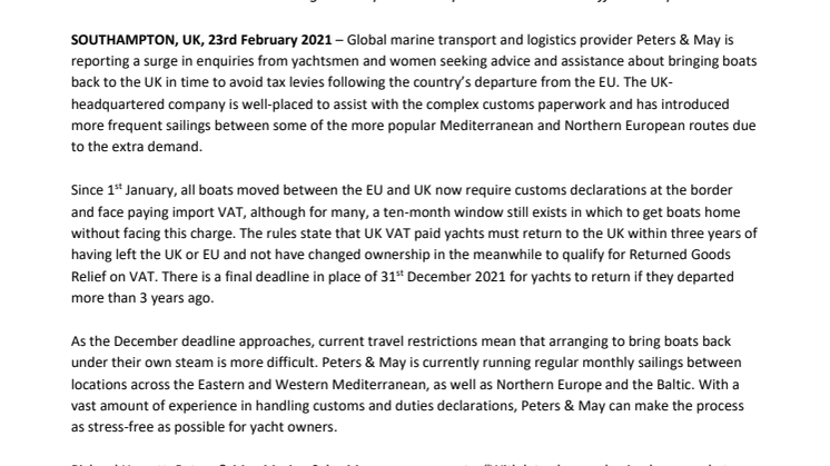 Peters & May assists UK yacht owners returning boats from abroad to avoid post-Brexit tax penalties 