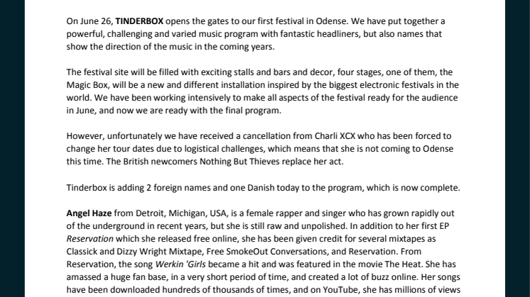 TINDERBOX ANNOUNCES POSTER AND FINAL PROGRAM