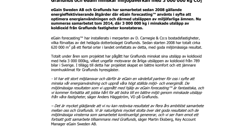 Graflunds och eGain minskar miljöpåverkan med 3 000 000 kg CO2