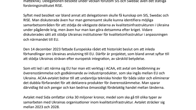 Samarbetet med Ukraina om kvalitetsinfrastrukturen inleds