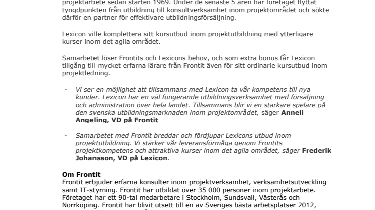 Frontit och Lexicon tecknar samarbetsavtal runt projektutbildning