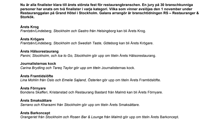 26 finalister klara för Restauranggalan 2010!
