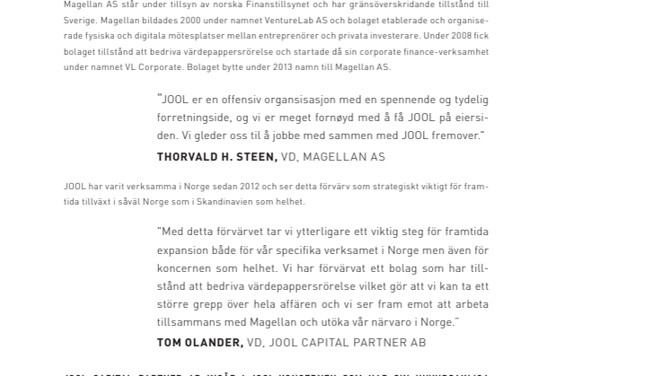 Jool Capital Partner AB förvärvar Magellan AS