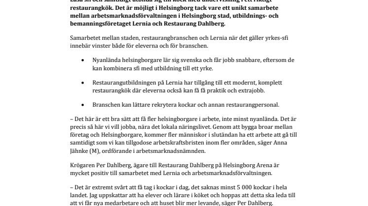 Sfi i kombination med restaurangutbildning på Helsingborg Arena 