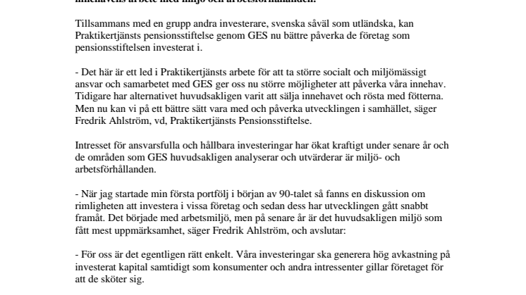 Praktikertjänsts pensionsstiftelse startar samarbete med GES för att säkra ansvarsfulla investeringar