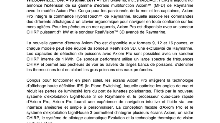 Raymarine: FLIR Systems annonce la sortie des écrans multifonction avancés Axiom Pro de Raymarine 