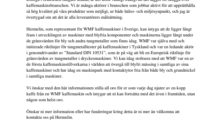 WMF kaffemaskiner - fria från höga halter bly!
