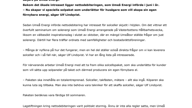 Solpaket från Umeå Energi gör det ännu lättare för kunder med egna solceller