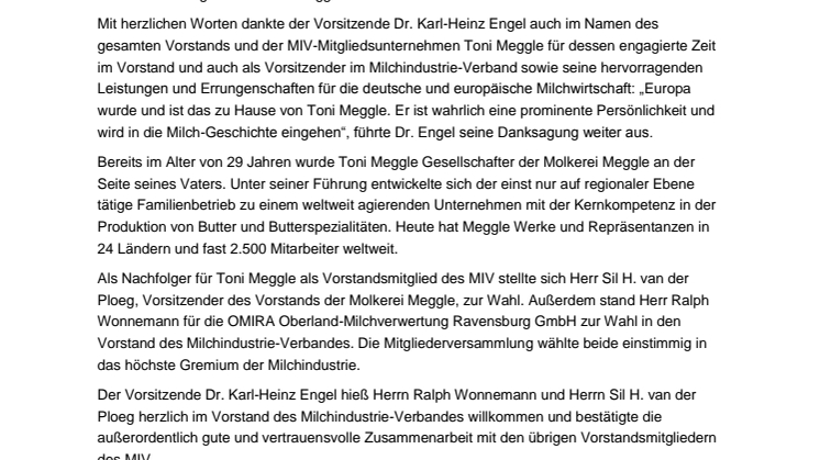 Nachwahlen zum Vorstand des Milchindustrie-Verbandes