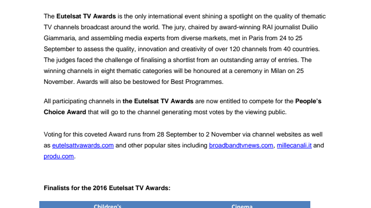 Finalists announced for the Eutelsat TV Awards 2016!