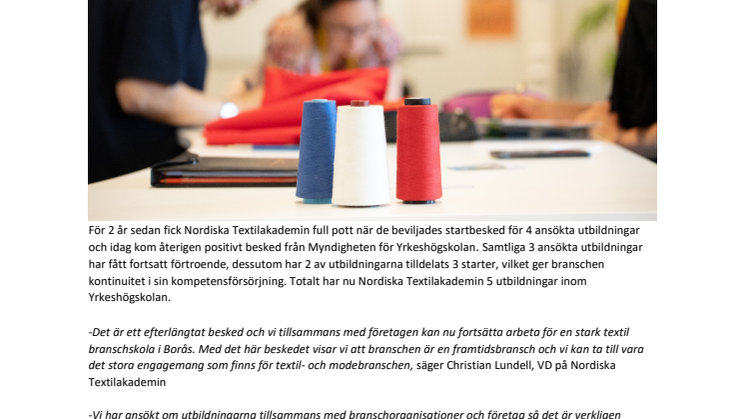 Textil branschskola får fortsatt förtroende! 