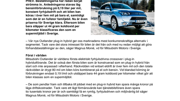 Mitsubishis nya supermiljöbil snart i Sverige