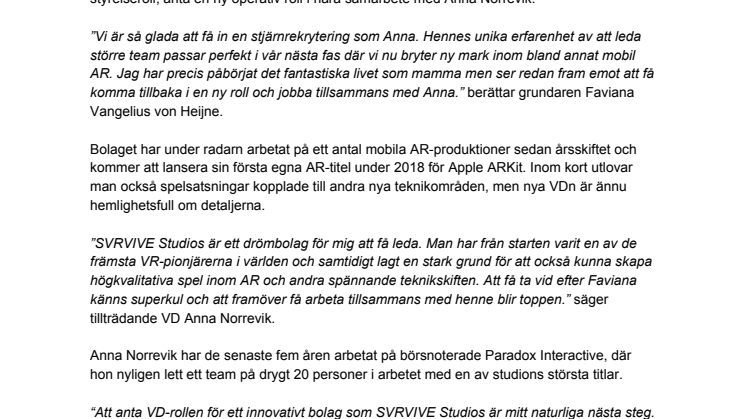 SVRVIVE Studios rekryterar VD från Paradox och offentliggör AR-satsning