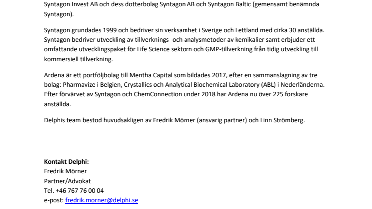 Delphi rådgivare till Ardena vid förvärvet av Syntagon Invest AB 