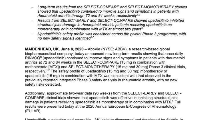 New Long-term Data from RINVOQ® ▼(upadacitinib). Phase 3 Studies in Rheumatoid Arthritis Presented at Annual European E-Congress of Rheumatology (EULAR)