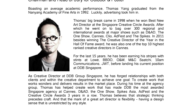 Thomas Yang joins Gong 2013 Creative Circle Awards as Deputy Chairman and Head of Jury for Outdoor & Poster