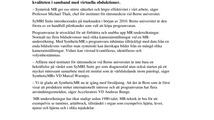 SyntheticMR säljer första programvarulicensen till Bern