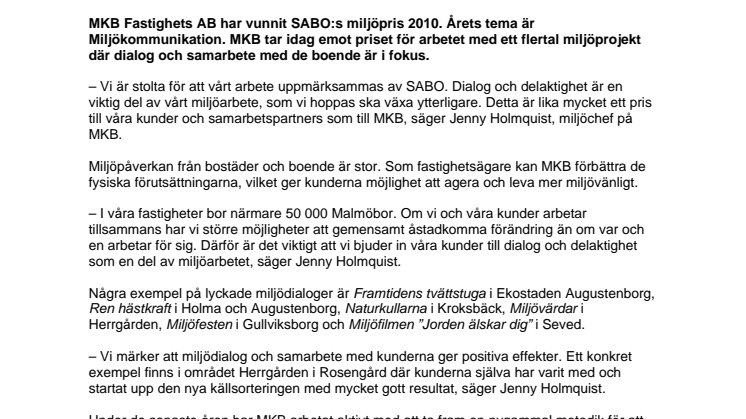 MKB vinner SABO:s miljöpris