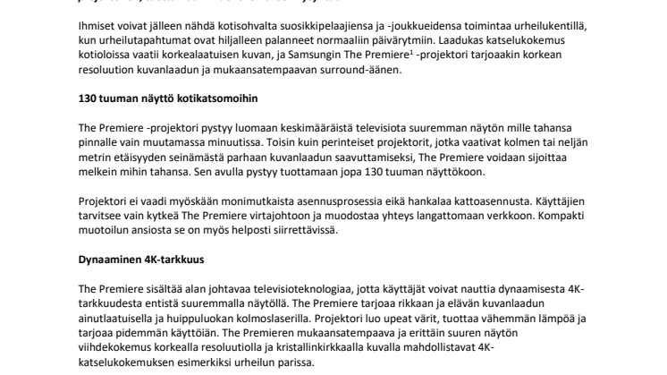 Samsungin The Premiere -laserprojektori tuo urheilutunnelman kotiin
