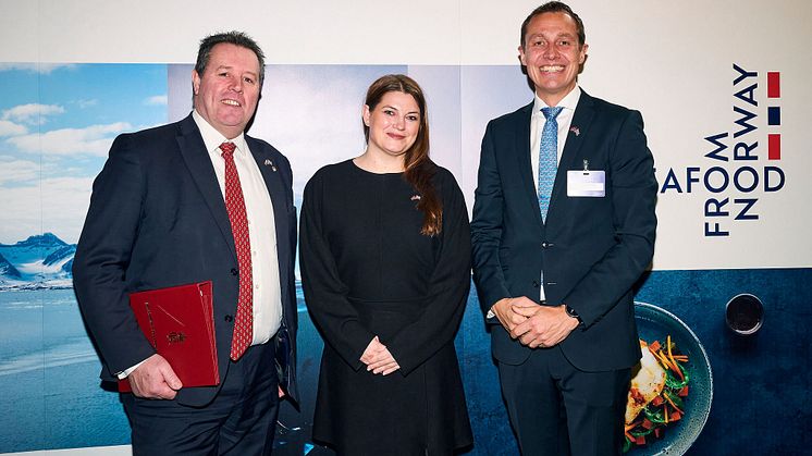 NSC Summit L2R UK Minister for Food, Farming and Fisheries, Rt Hon Mark Spencer_Norwegian Minister for Fisheries and Ocean Policy Cecilie Myrseth_NSC CEO Christian Chramer