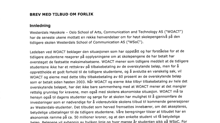Tilbudsbrev forlik studenter Westerdals Oslo ACT