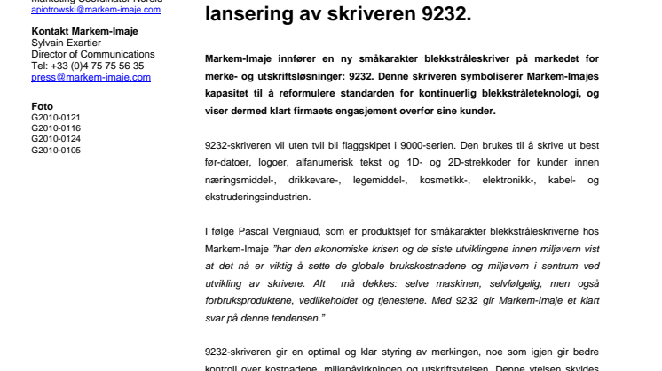 Markem-Imaje gjenoppfinner standarden for småkarakter blekkstråleskrivere med lansering av skriveren 9232.