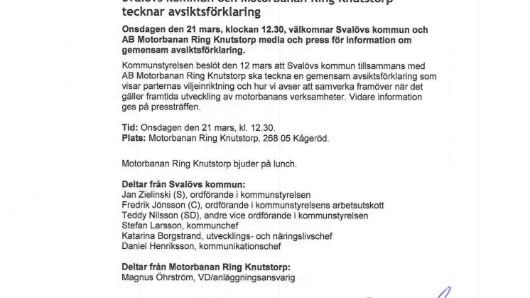 Pressinbjudan: Svalövs kommun och Motorbanan Ring Knutstorp tecknar avsiktsförklaring