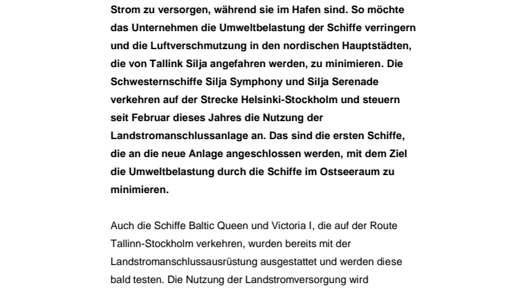 Tallink Grupp verbindet die ersten beiden Schiffe im Hafen von Stockholm mit Landstrom, um die Umweltbelastung zu verringern