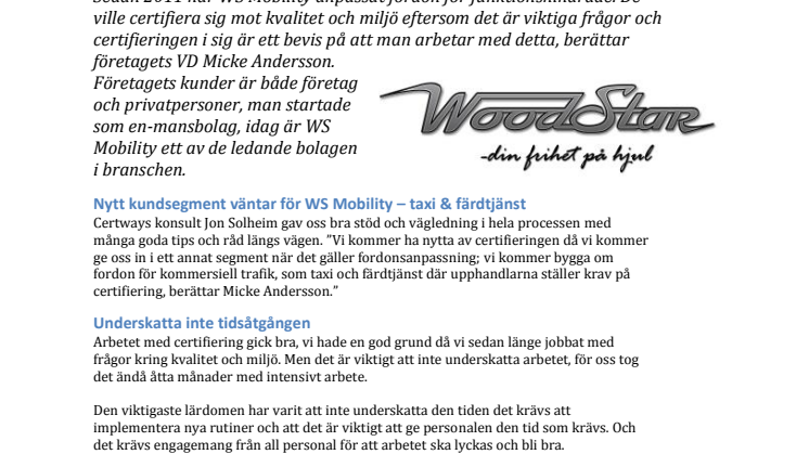 WS Mobility anpassar fordon för funktionshindrade - certifierade mot ISO 9001:2015 och ISO 14001:2015