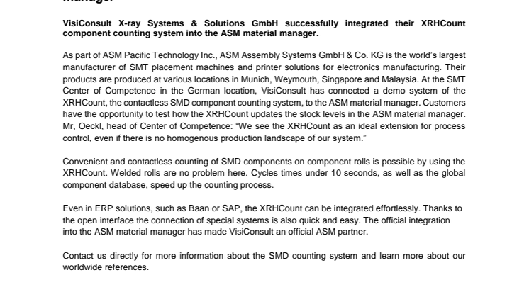 VisiConsult integrates the XRHCount into the ASM material manager