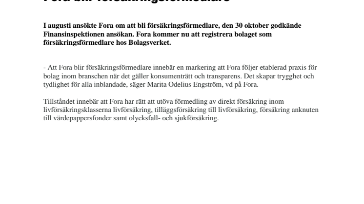 Fora blir försäkringsförmedlare