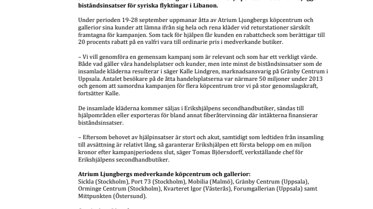 Atrium Ljungbergs köpcentrum går samman med Erikshjälpen i kampanjen Återwin-­‐win