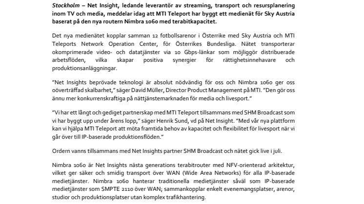Net Insight valda för nästa generations arenanät för Österrikes Bundesliga