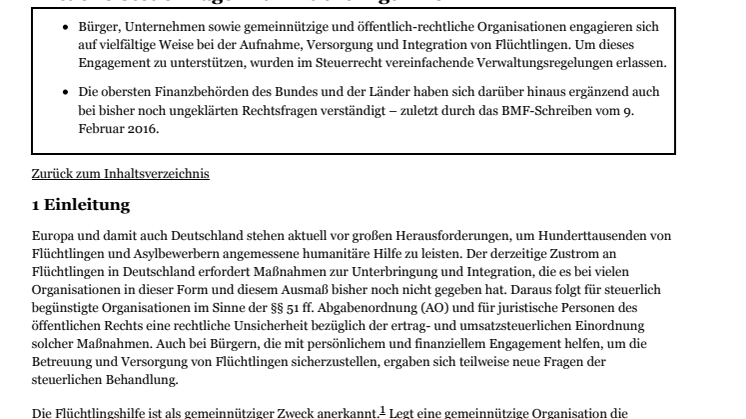 Aktuelle Steuerfragen zur Flüchtlingshilfe - das  Bundesfinanzministerium äußert sich im aktuellen Monatsbericht ausführlich