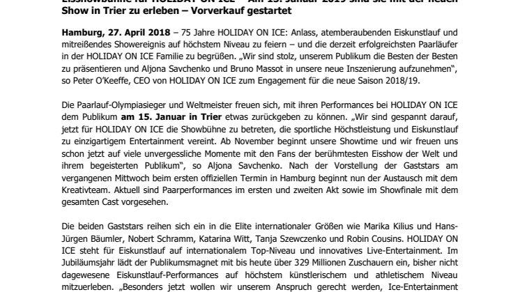 Paarlauf-Olympiasieger und Weltmeister Aljona Savchenko und Bruno Massot am 15. Januar 2019 mit HOLIDAY ON ICE in Trier 