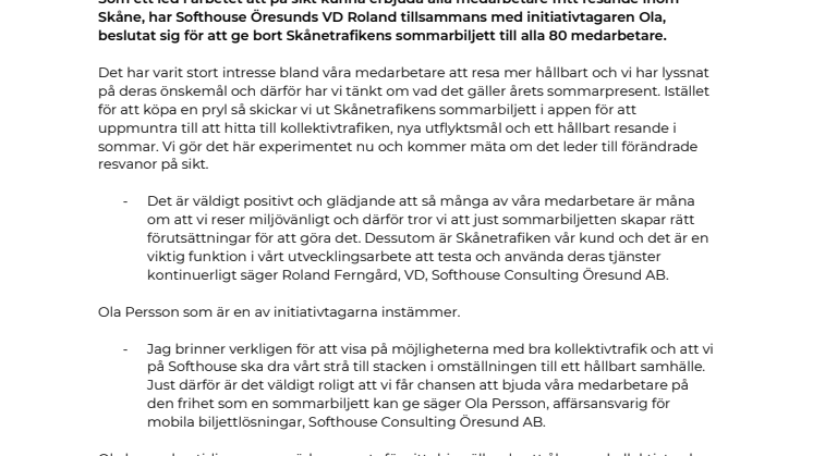 ​Softhouse Öresund miljösatsar - Erbjuder alla medarbetare att resa fritt med Skånetrafiken i sommar