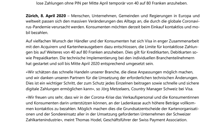 Visa unterstützt die Erhöhung der Kontaktlos-Limite in der Schweiz und Liechtenstein 