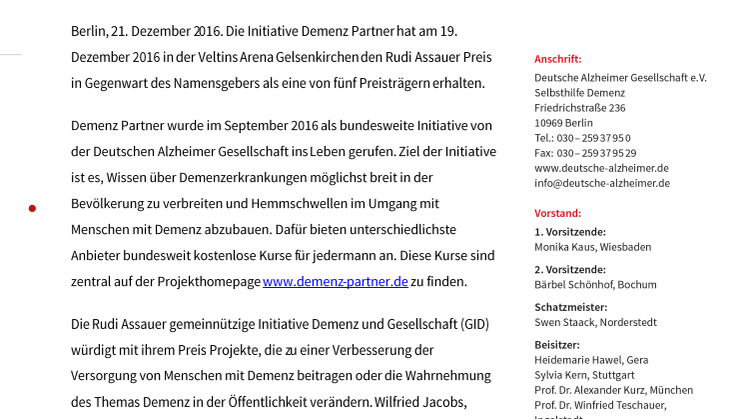 Initiative Demenz Partner der Deutschen Alzheimer Gesellschaft mit dem Rudi Assauer Preis 2016 ausgezeichnet